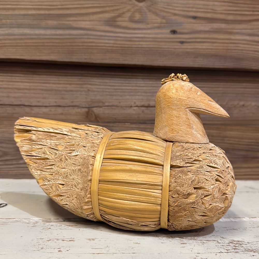Handmade Straw Husk, Reed, and Wood Chicken